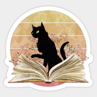 Cute Cat reading a book, watercolor sunset style, flowers growing from book, cats and books lovers lover Sticker